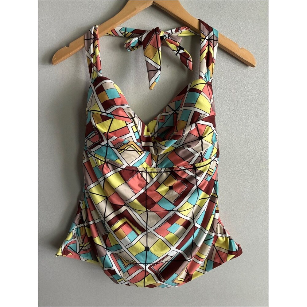 Antonio Melani Geometric Print Halter Tankini Swim Top Built In Bra Size Large